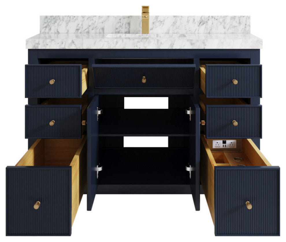Sonoma 48 Single Sink Reeded Bath Vanity in Hale Navy Blue 2" Carrara Marble