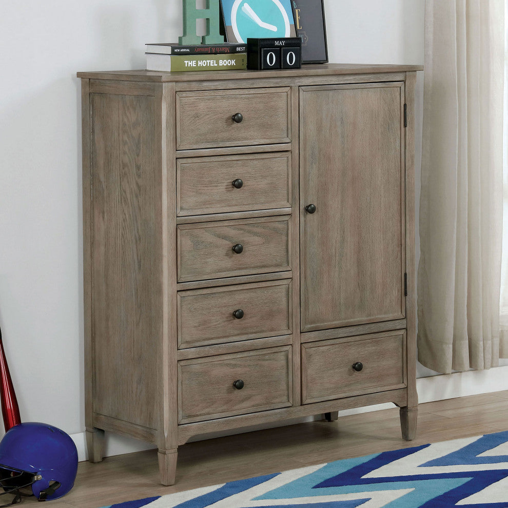 6 Drawers And 1 Door Wooden Armoire with, Wire-Brushed Warm Gray