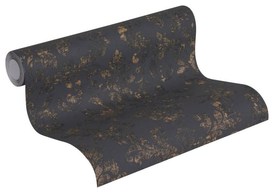 Damask Textured Wallpaper, Ornaments, 374132, Black Anthracite Gold, 1 Roll