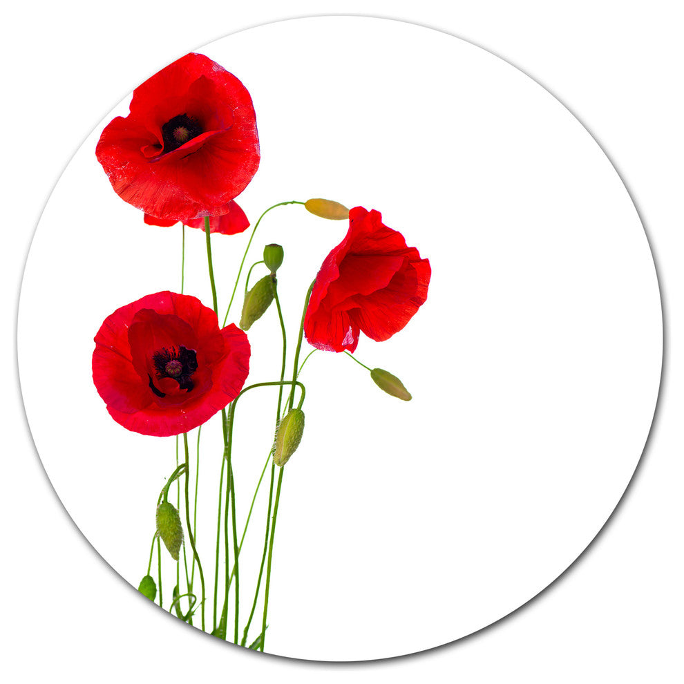 Isolated Red Poppy Flowers, Modern Floral Round Metal Wall Art, 23"