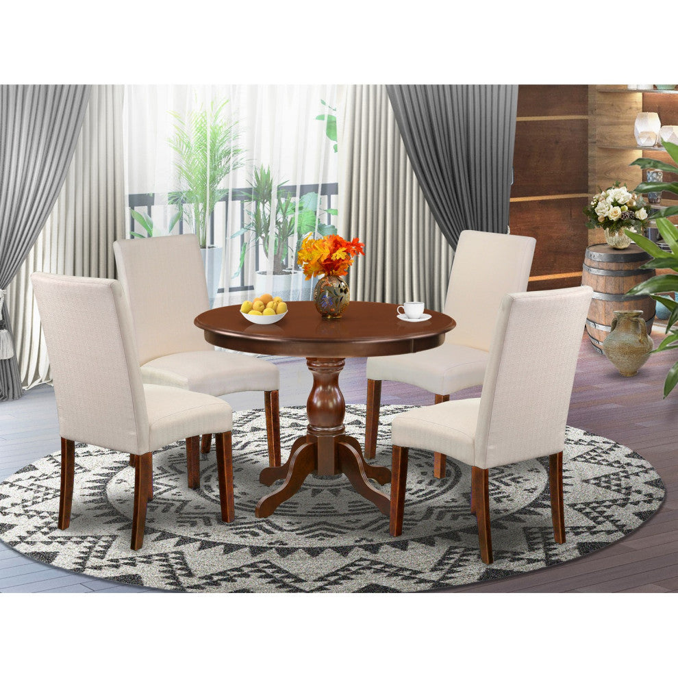 5 Pc Dinette Set, Mahogany Dining Table, 4 Cream Comfortable Chairs, High Back