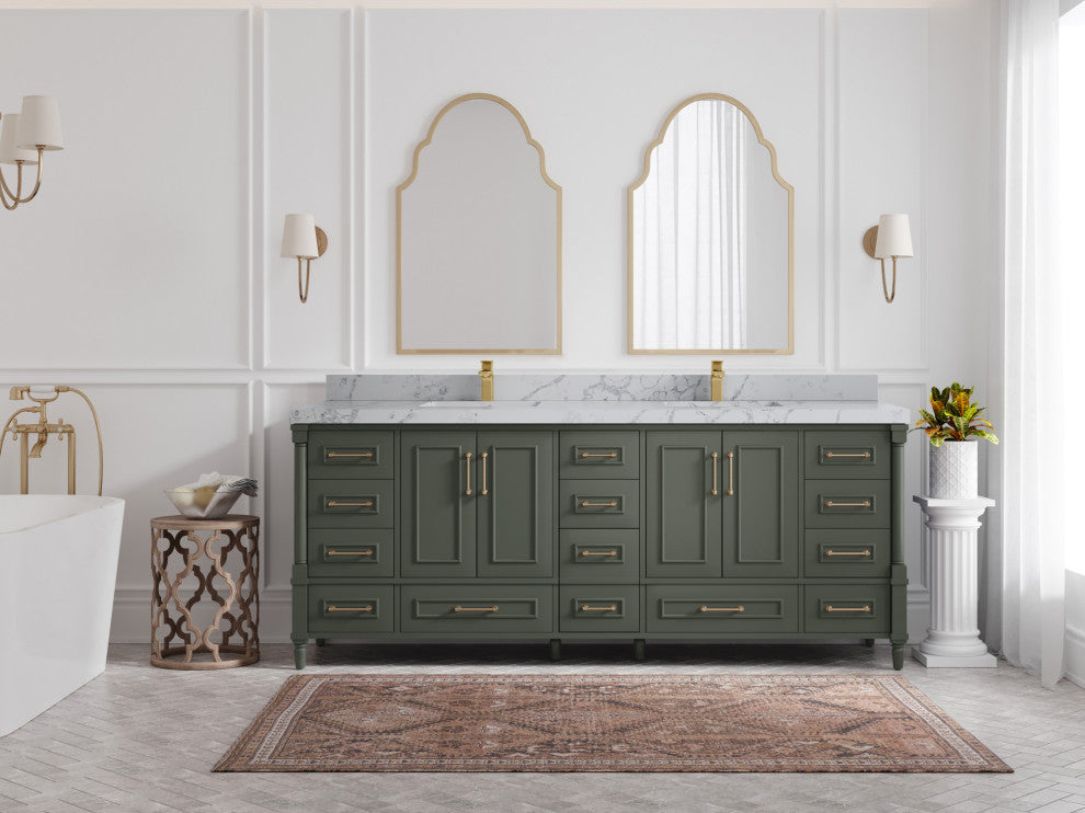 Aberdeen 84 Double Sink Bath Vanity in Pewter Green 2" Venatino Quartz
