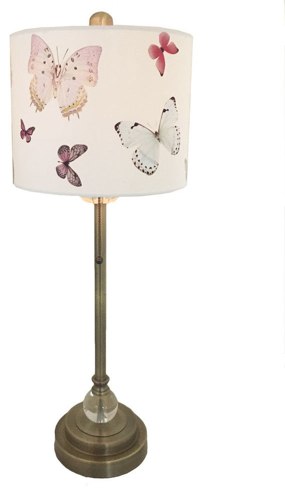 28" Crystal Buffet Lamp With Colorful Butterfly Shade, Antique Brass, Single