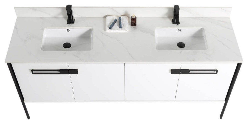 Oakville Bath Vanity, Ceramic Sink, White Matte, 72 Inch, Black Hardware