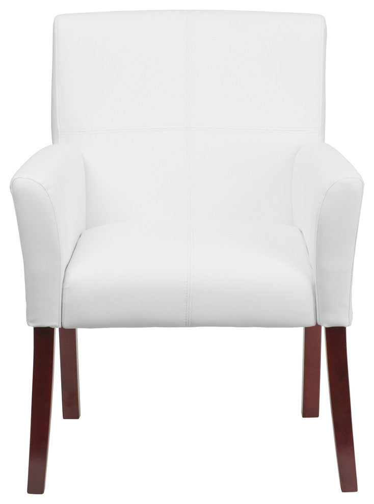 White Leather Executive Side Reception Chair With Mahogany Legs