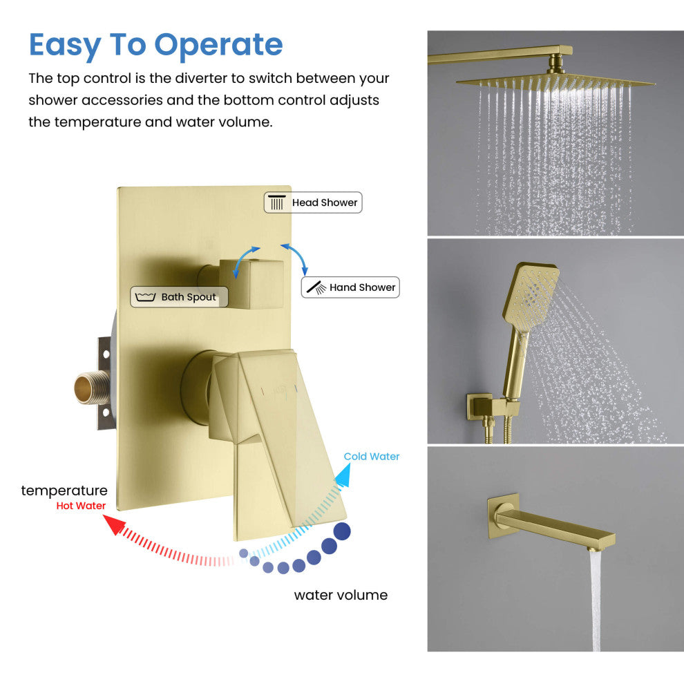 Cube Pressure 3-Function Shower System, Rough-In Valve, Brushed Gold
