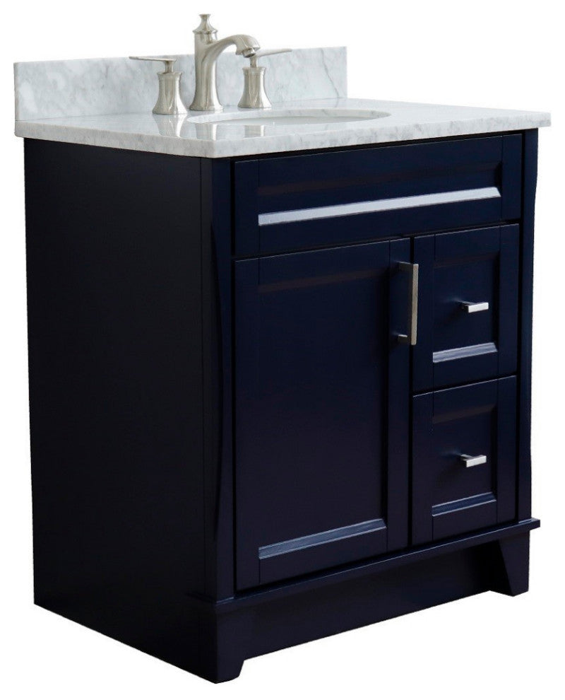 31" Single Sink Vanity, Blue Finish With White Carrara Marble With Oval Sink