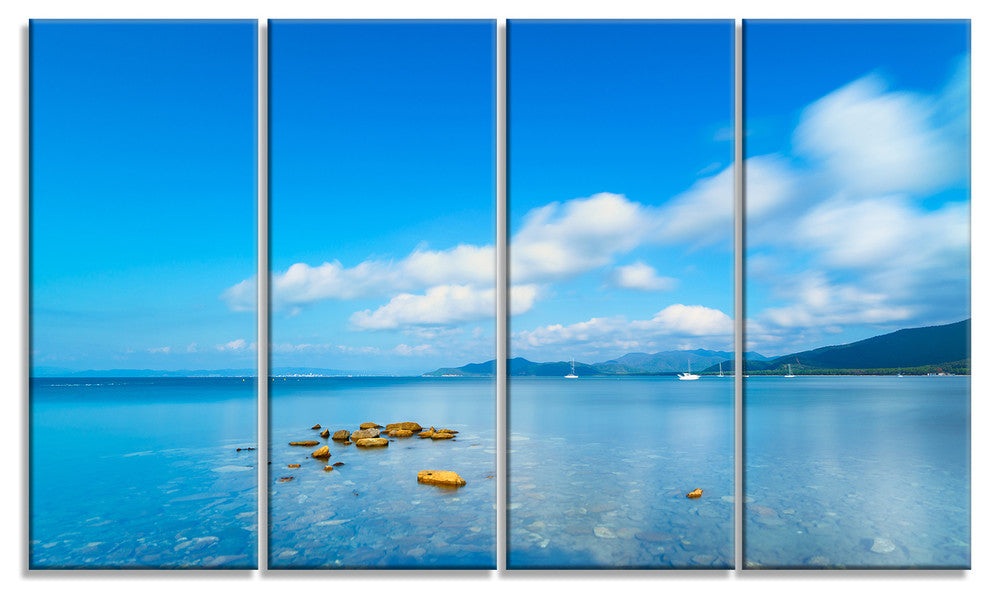 "Rocks in A Blue Panoramic Sea Bay" Seashore Wall Art, 4 Panels, 48"x28"