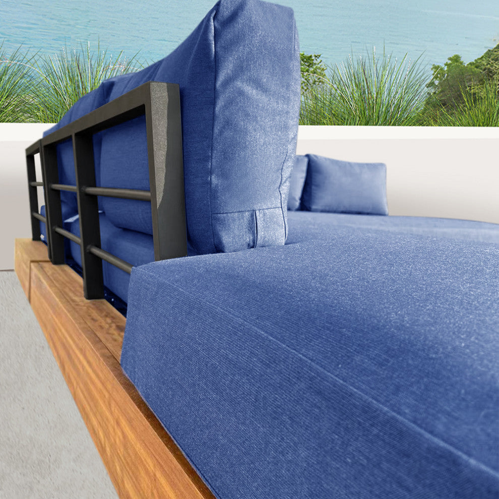 Alden 4-Piece Teak Aluminum Outdoor Patio Sectional Sofa Set with Cushions, Spectrum Indigo Acrylic
