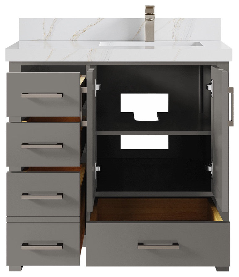 Malibu 36 Right Offset Bath Vanity in Elephant Skin Gray 2" Calacatta Sienna