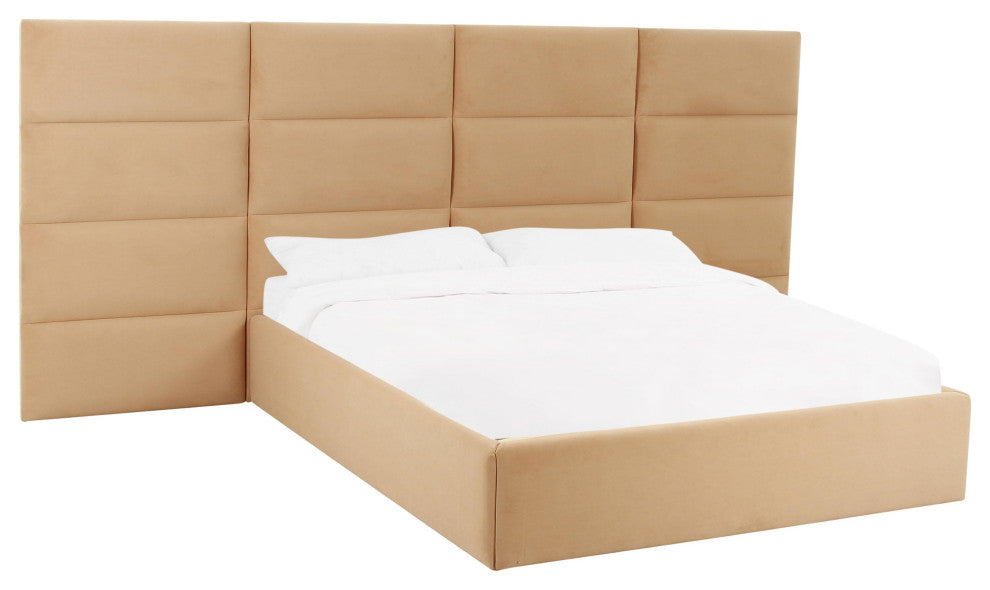 Eliana Honey Velvet Queen Bed with Wings - Honey