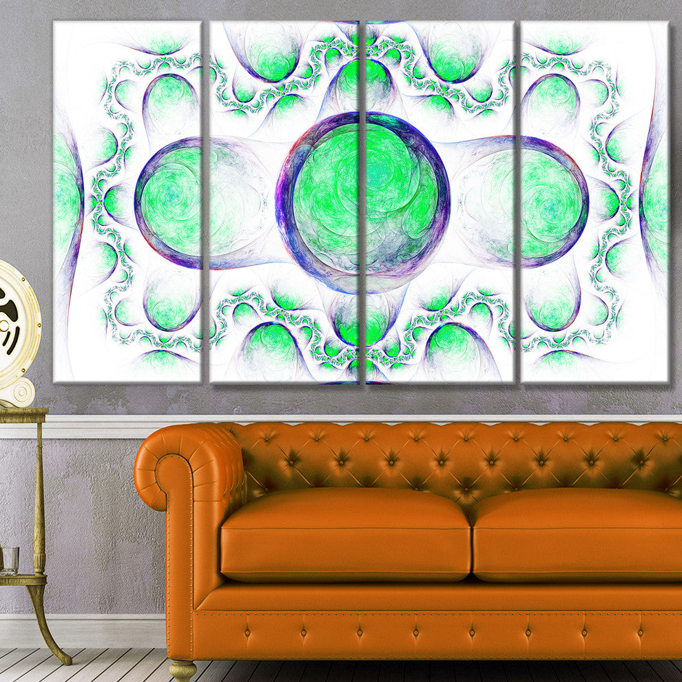 Green Exotic Pattern on White, Abstract Art on Canvas, 48"x28", 4 Panels