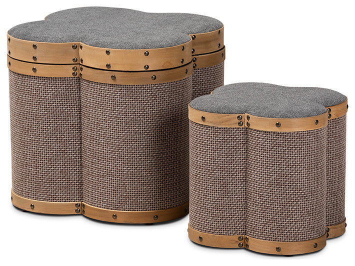 Grey and Brown Fabric Upholstered 2-Piece Clover Shaped Storage Ottoman Set