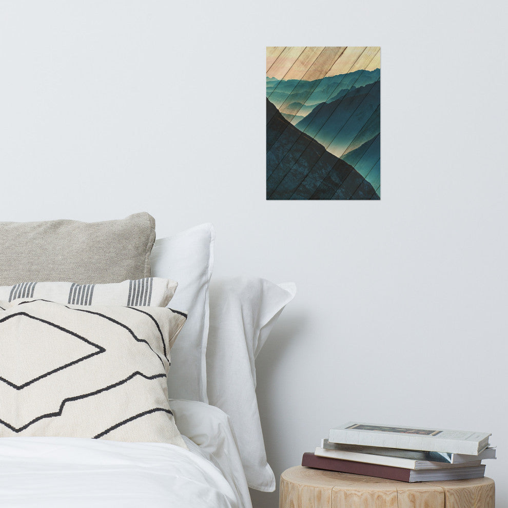Faux Wood Misty Blue Silhouette Mountain Range Landscape Wall Art, 12" X 16"