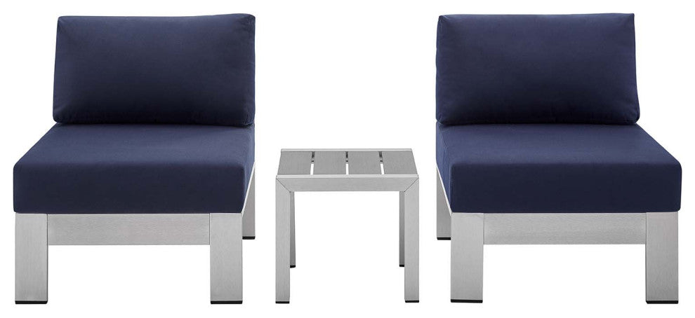 Lounge Chair Table Set, Sunbrella, Fabric, Aluminum, Silver Blue Navy, Outdoor