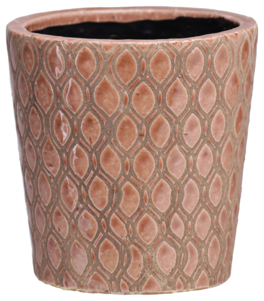 Round Ceramic Pot With Leaf Shape Pattern Design, Gloss Apricot
