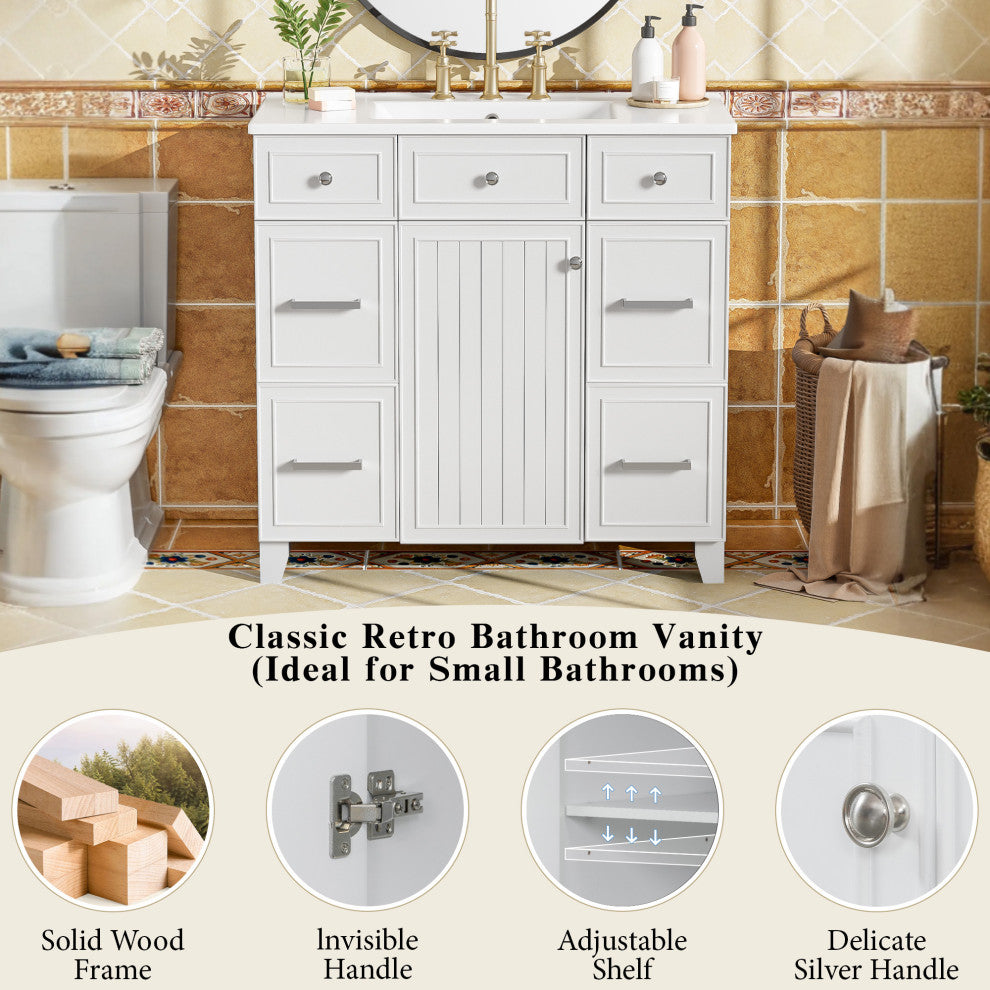 36 Inch Freestanding Bathroom Vanity with Ceramic Sink, White