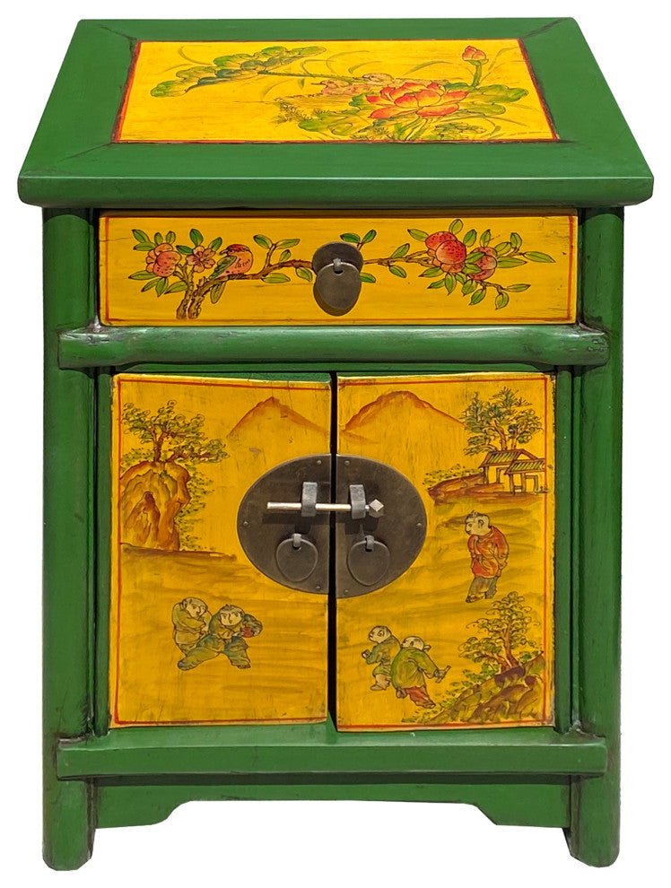 Oriental Distressed Green Yellow Kids Graphic End Table Nightstand Hcs7339