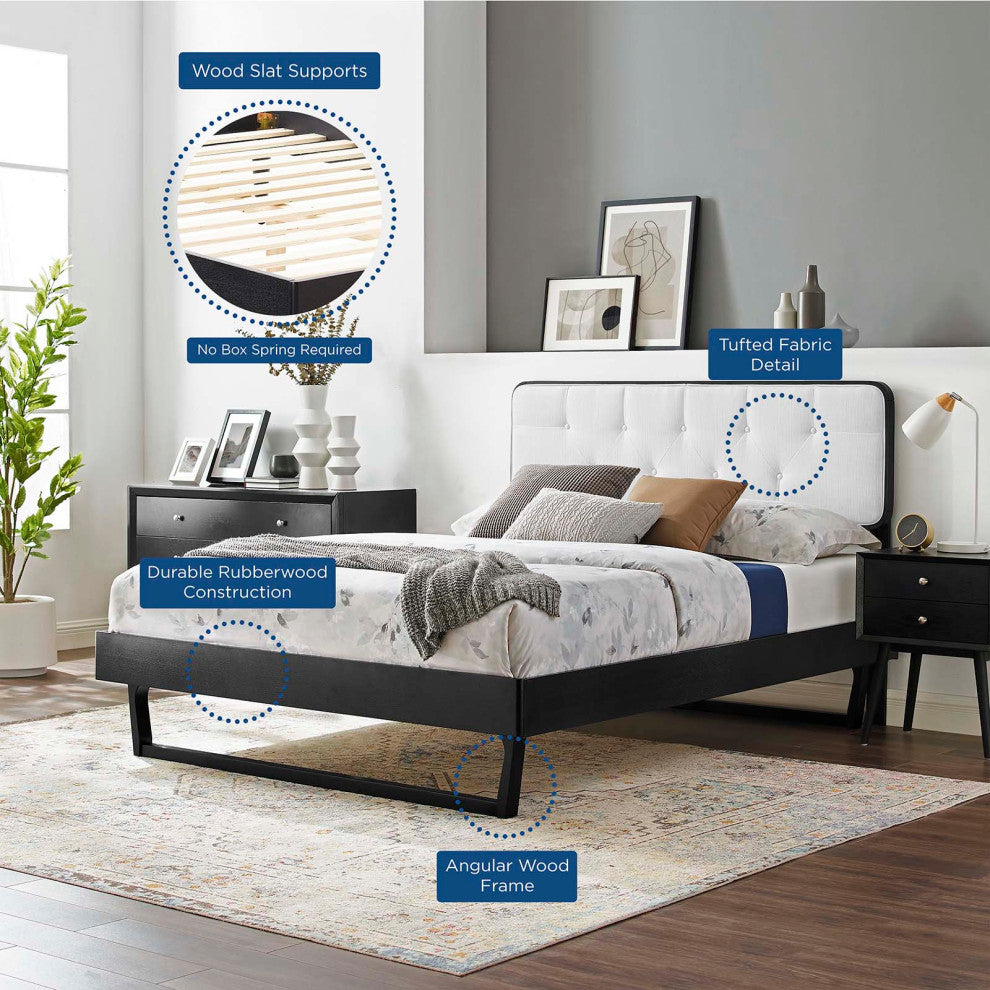Platform Bed Frame, King Size, Wood, Black White, Modern Mid-Century, Bedroom