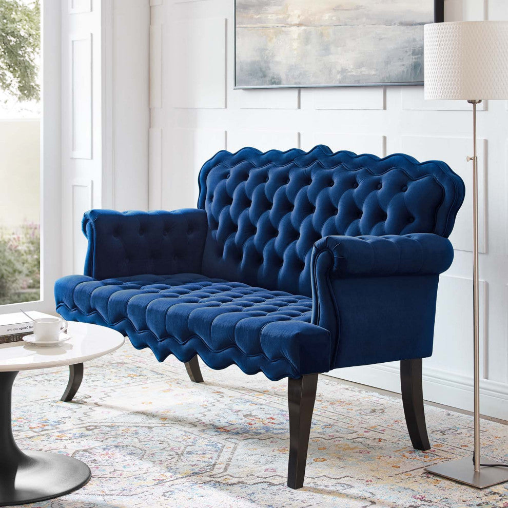 Modern Designer Lounge Loveseat Settee Sofa, Velvet Fabric, Navy Blue