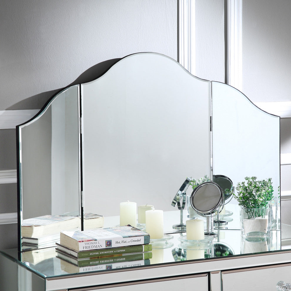 Verina Frameless Modern Contemporary Tri-fold Tabletop Vanity Mirror, No Color