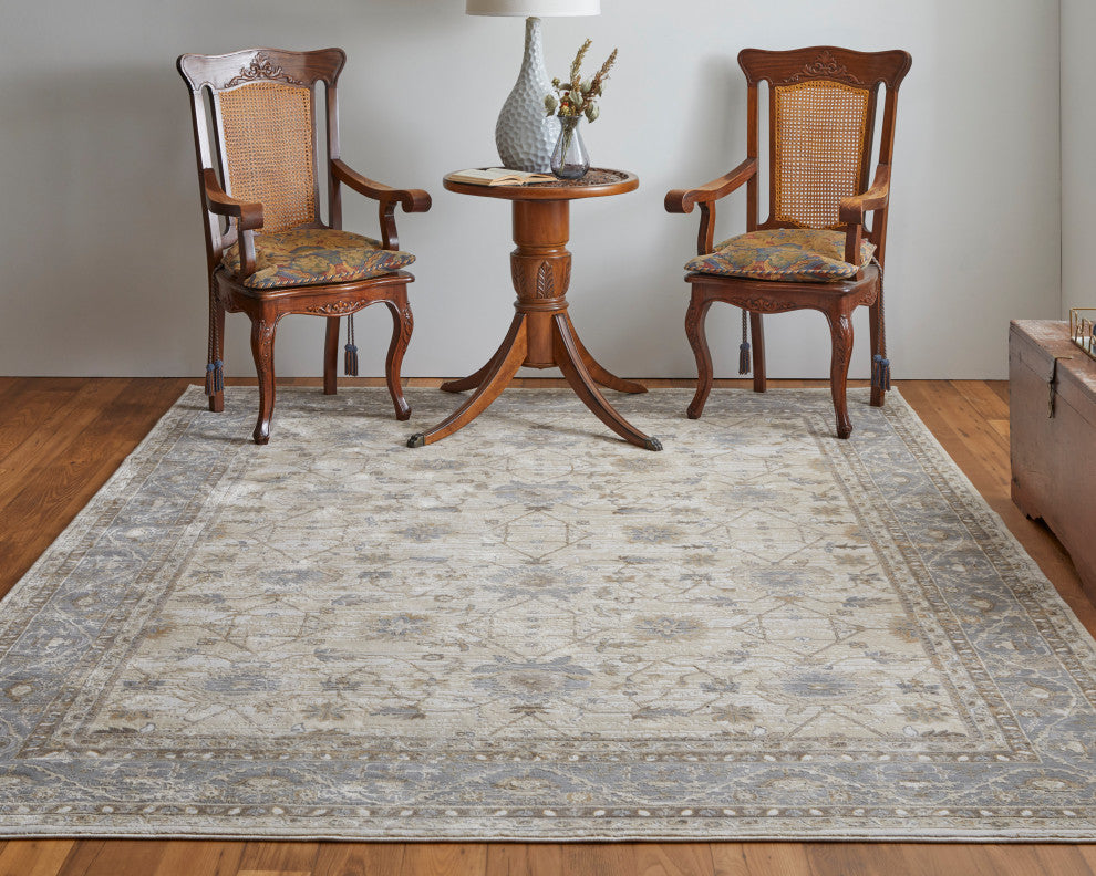 Neoma Traditional Bordered, Tan/Ivory/Gray, 7'9"x7'9" Round Rug