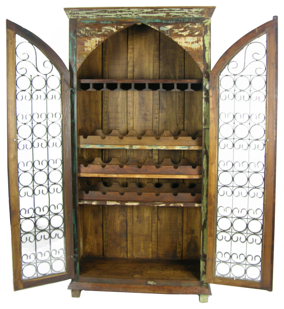 Moti Trinidad Solid Reclaimed Wood Tall Wine Cabinet, Multi-Color