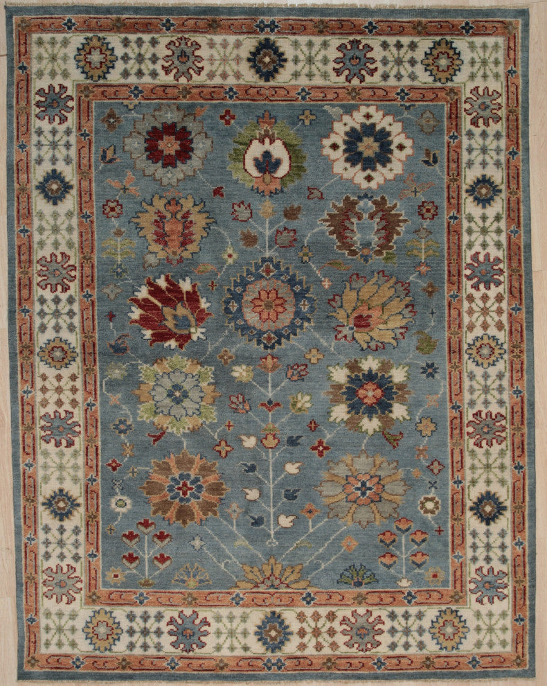 Hand-Knotted Wool Blue/Ivory Traditional All Over Traditional Knot Rug, 10'x14'