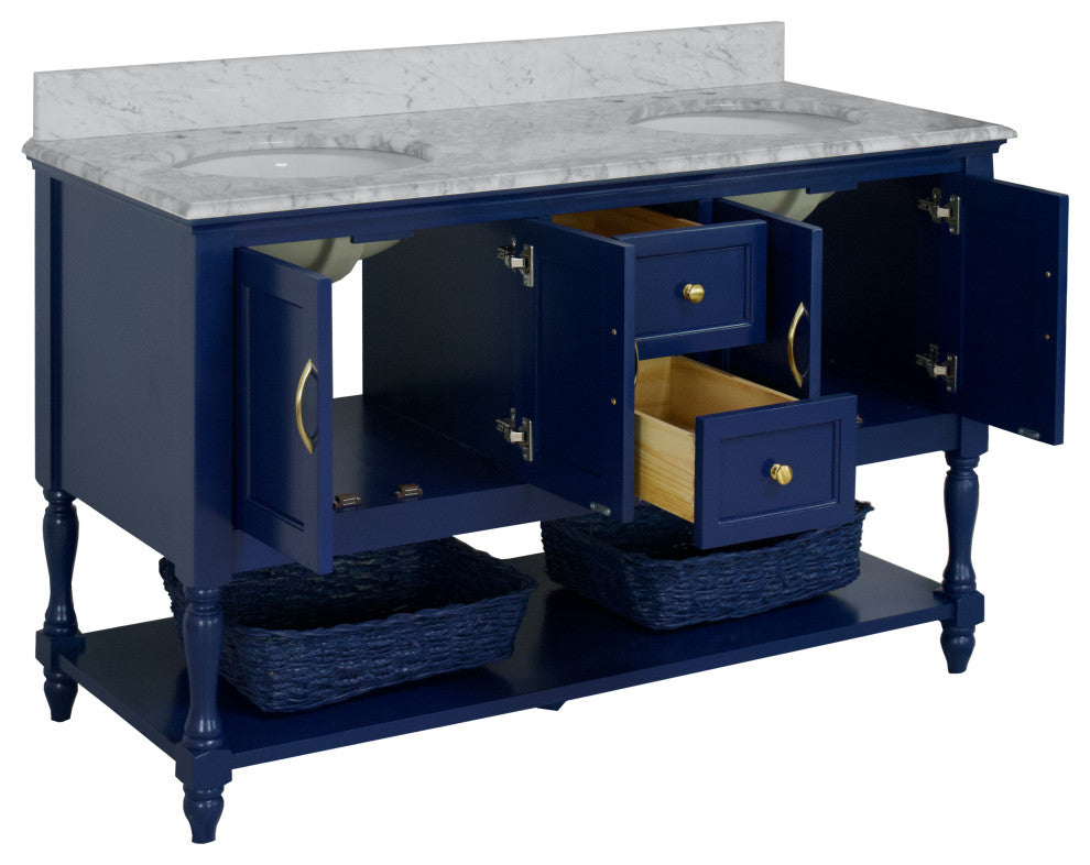 Beverly 60" Bath Vanity, Royal Blue, Carrara Marble, Double Vanity