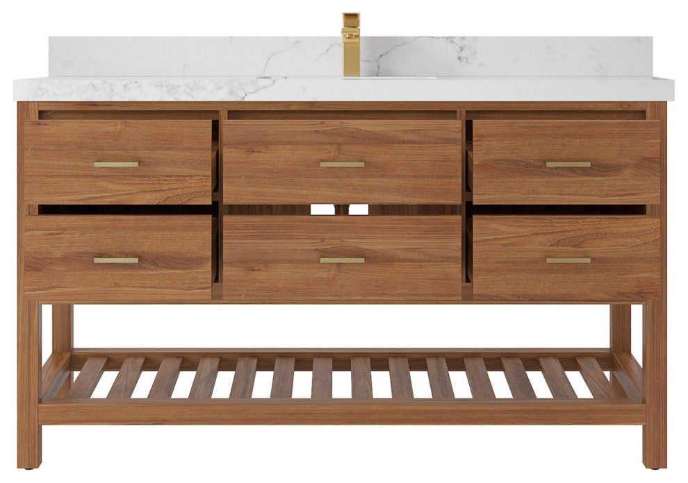 Parker Teak 60" Single Sink Bath Vanity in Golden Teak  2" Calacatta Nuvo