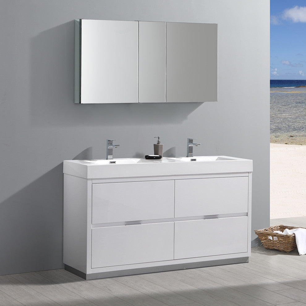 Valencia 60" Glossy White Free Standing Double Sink Vanity, Faucet FFT3071BN