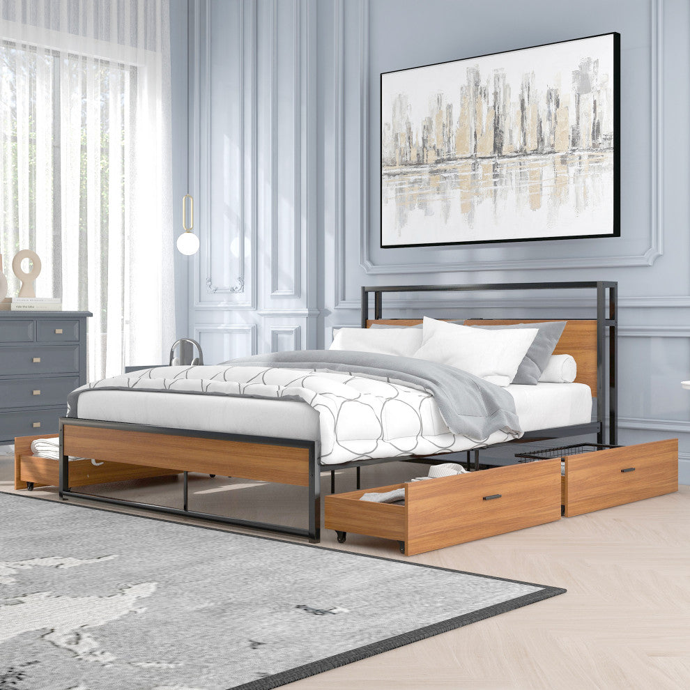 Full/Queen Metal Frame Wood Platform Bed with Four Drawers, Sockets and USB Port