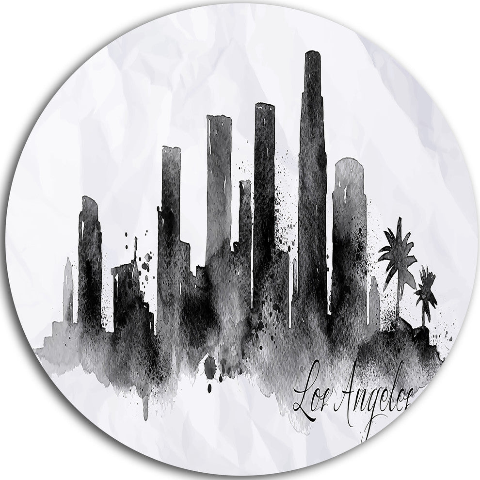 Los Angeles Black Silhouette, Cityscape Painting Round Wall Art, 36"