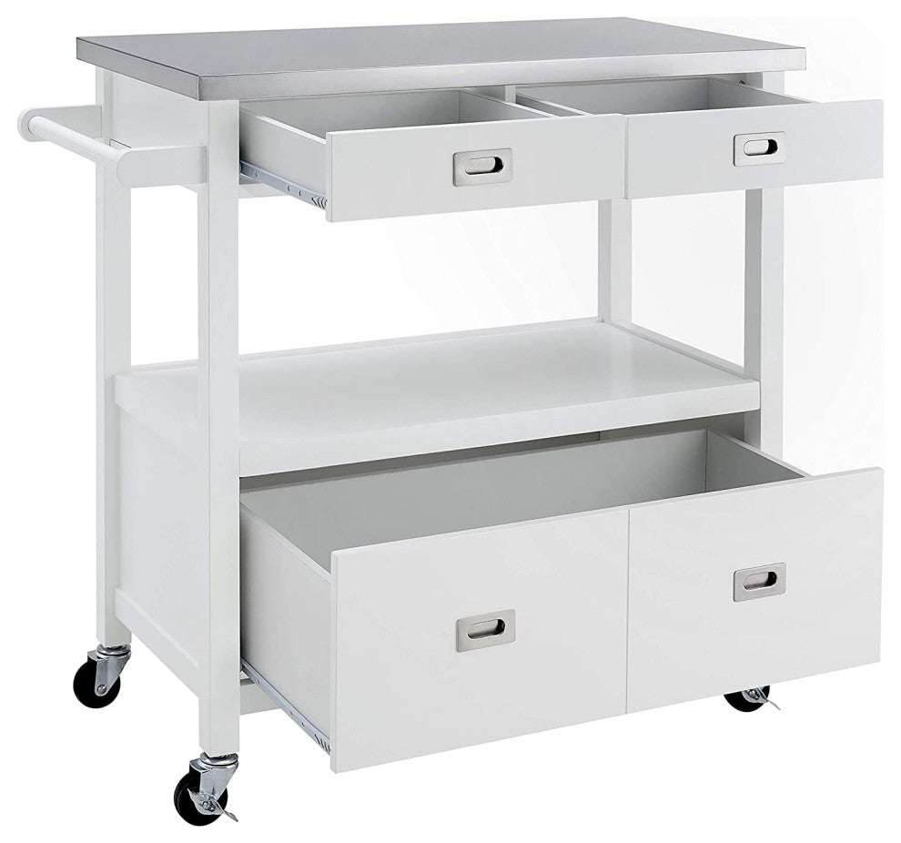Modern Kitchen Cart, Stainless Steel Top and Spacious Drawer, Glossy White