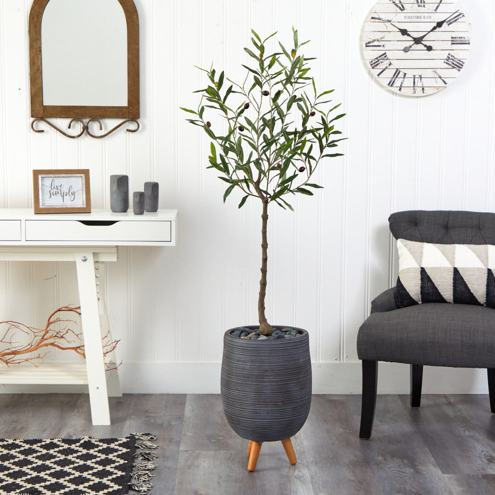 4.5' Olive Artificial Tree, Gray Planter With Stand
