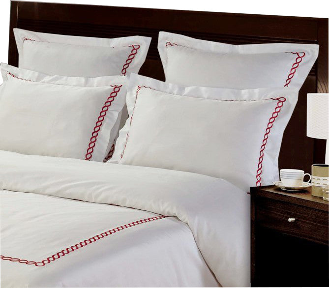 Amy 100% Cotton Embroidered Duvet Cover Set, White and Red, Full/Queen