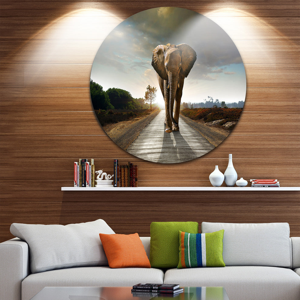 Single Walking Elephant, Photography Large Disc Metal Wall Art, 11"