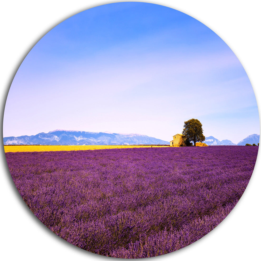 Lavender Flowers With Old House, Landscape Disc Metal Wall Art, 36"