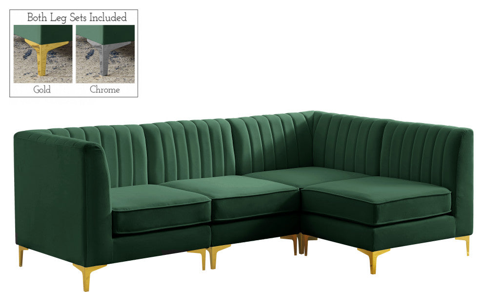 Alina Velvet Modular L-Shaped Modular Sectional, Green, 4-Piece: 2 Armless Chair, 2 Corner Chair