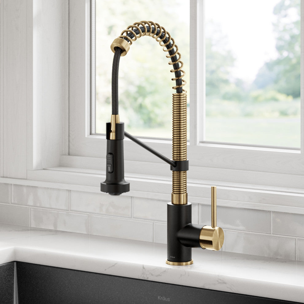 Bolden Commercial Style 2-Function Pull-Down 1-Handle 1-Hole Kitchen Faucet, Brushed Brass/ Matte Black