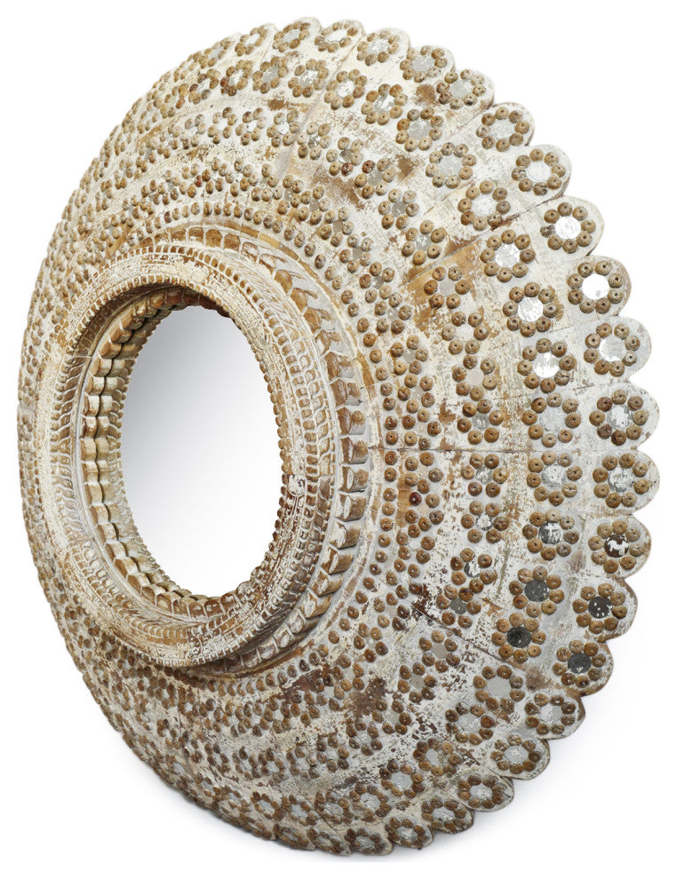 White Washed Round Peacock Mirror
