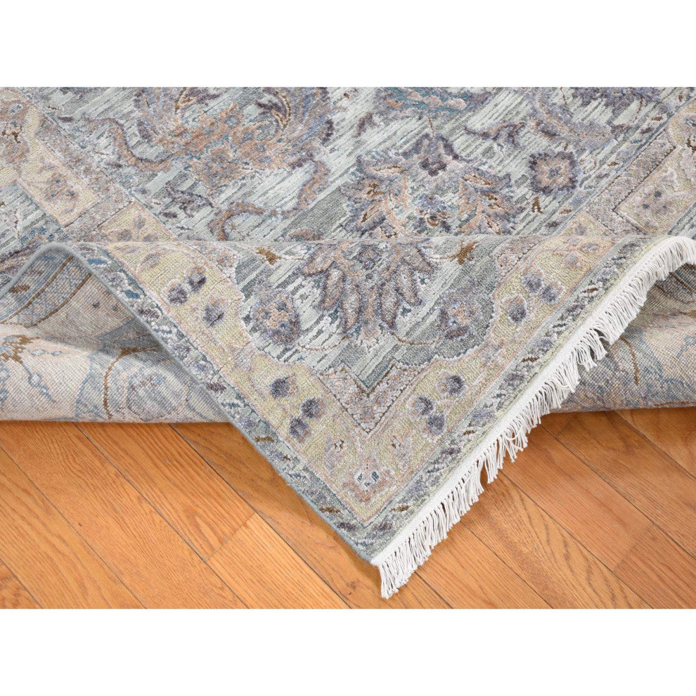 Light Green Pure Silk Wool Mughal Design Hand Knotted Oriental Rug 7'10"x10'