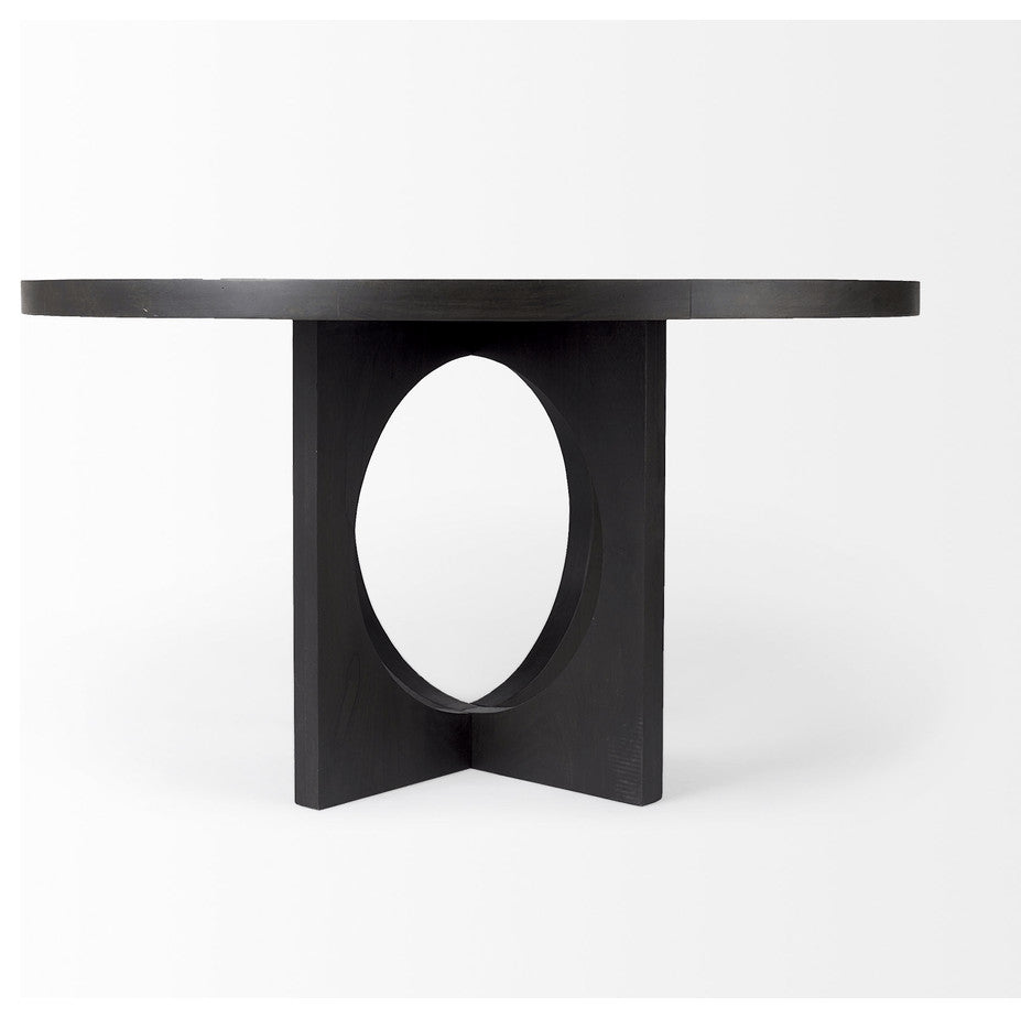 54" Black Rounded Solid Wood Pedestal Base Dining Table
