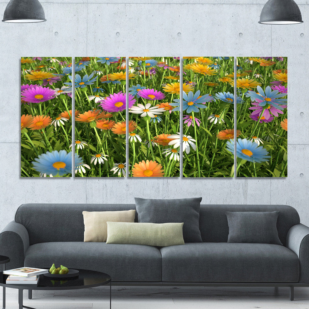 Different Color Flowers in Field, Floral Canvas Art Print, 60"x28", 5 Panels