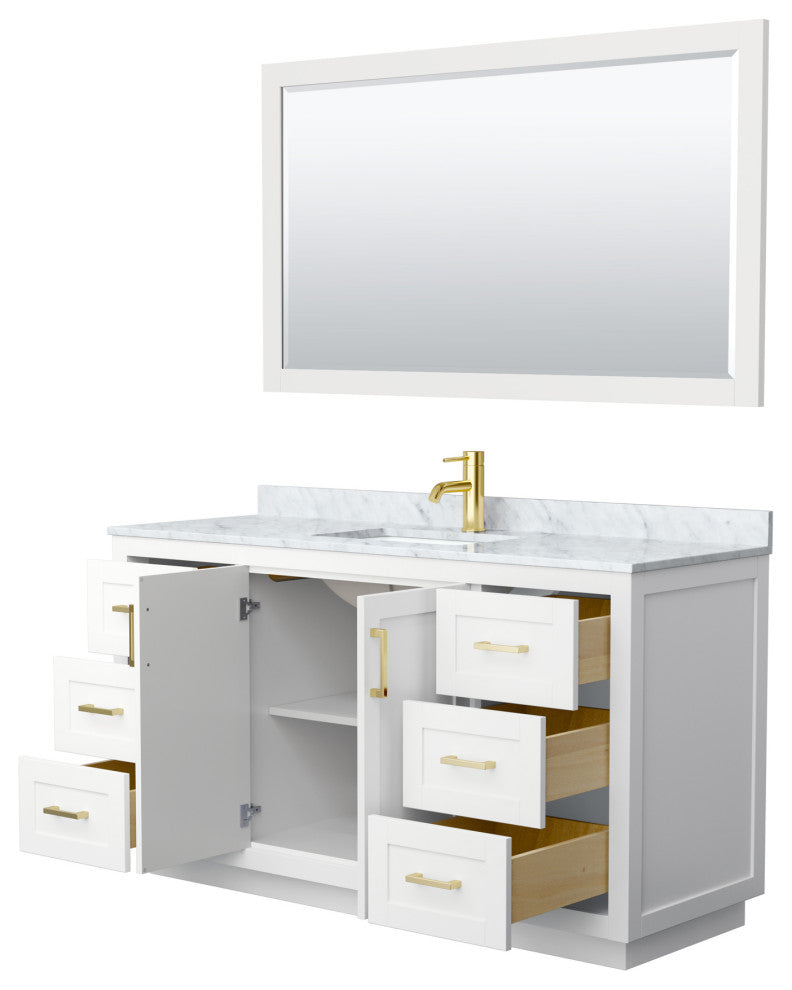60" Single Bath Vanity, White, Carrara Countertop, Sink, Gold Trim, 58" Mirror