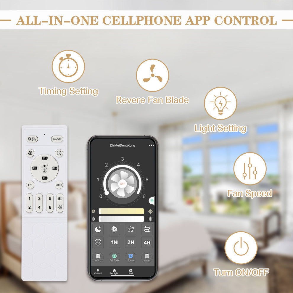 3-Light Flush Mount Ceiling Fan with Dimmable LED Light and Remote APP Control, Gold