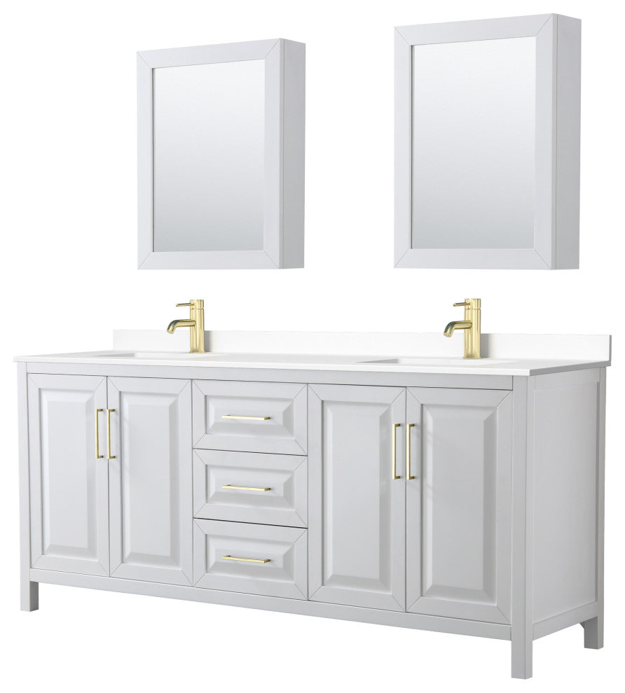 80"DBL Vanity White, White Cult. Marble Top, Sinks, Med. Cabinets, Gold Trim