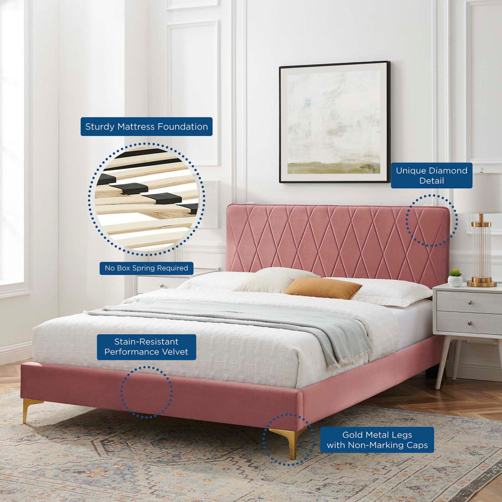Platform Bed Frame, Queen Size, Velvet, Pink, Modern Contemporary, Bedroom