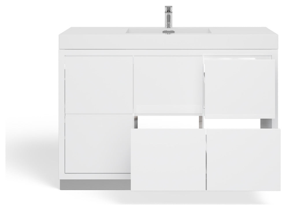 Boutique Bath Vanity, High Gloss White, 48", Single Sink, Freestanding