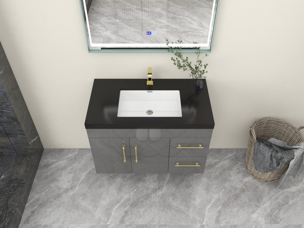 Rosa 36" Wall Mounted Modern Vanity, High Gloss Gray, Matt Black Top